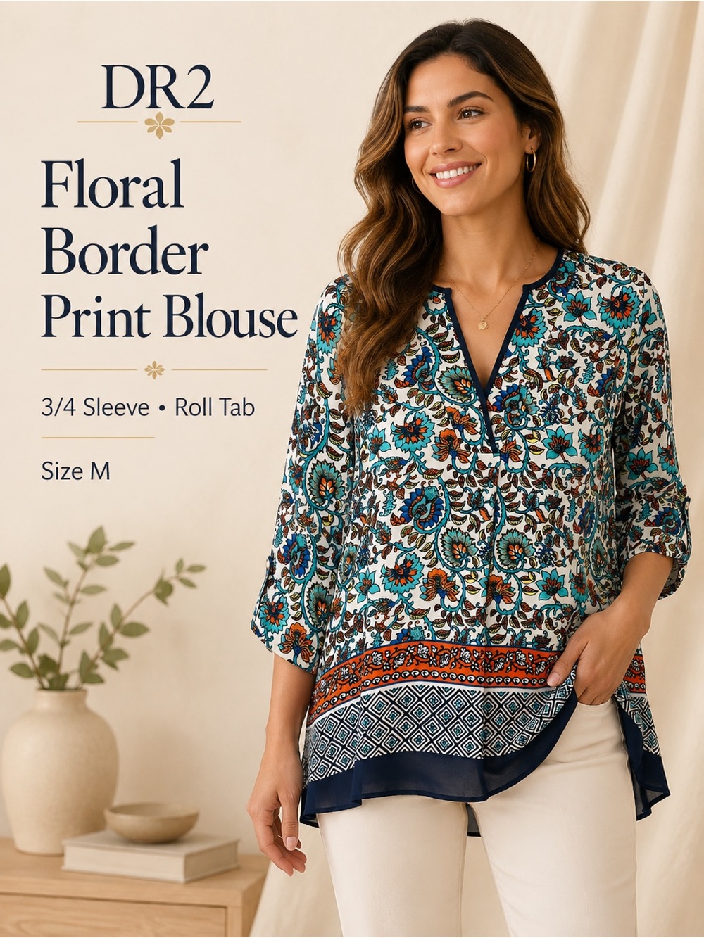 DR2‎ Floral Border Print Blouse Size M 3/4 Sleeve Boho Peasant Tunic